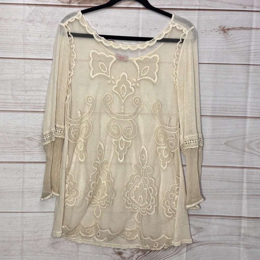 Scandal Italy Cream Sheer Mesh Embroidered Lace Tunic Top Made in Italy Medium